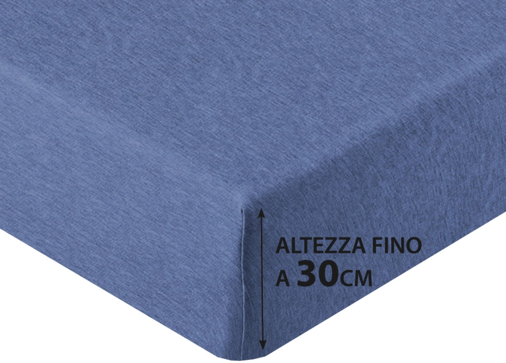 Lenzuola Sotto Con Angoli No Stiro In Tinta Unita Melange Modello Jersey - 2 Piazze - Blu