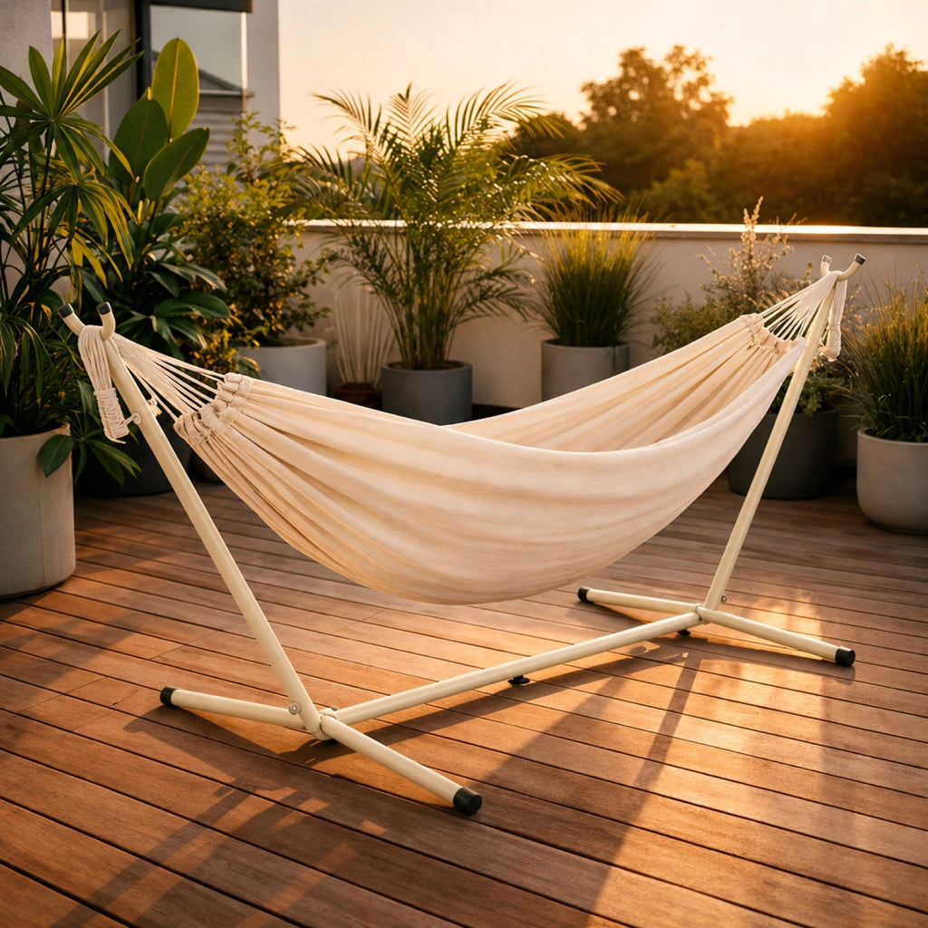 Amaca Brasiliana Con Supporto In Acciaio Altezza Regolabile Telo Cotone Da Esterno Per Giardino Balcone Piscina 100 x 110 x 265 Cm Beige