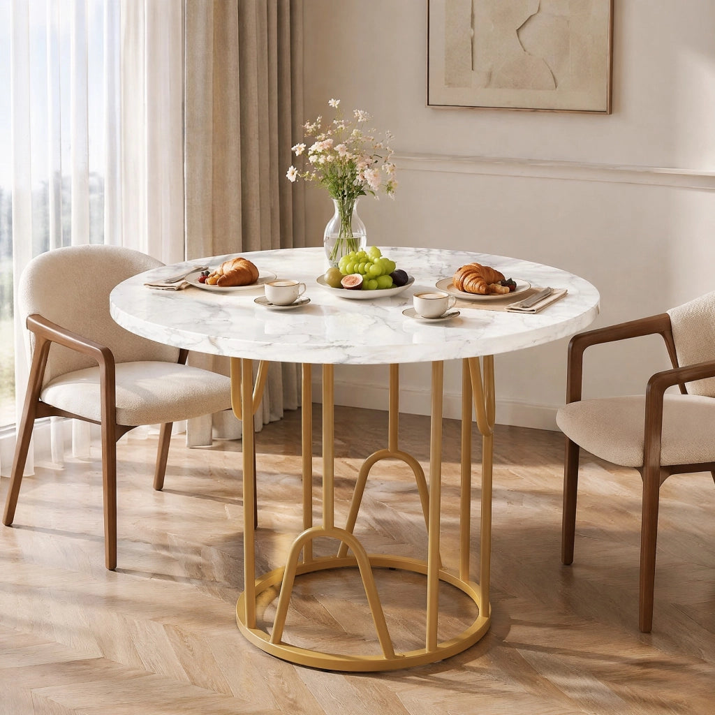 Tavolo da pranzo rotondo 80x80x76 cm in MDF e metallo; gambe oro; stile classico