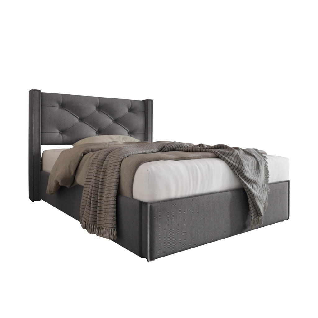 Letto Contenitore 90×200 cm; Letto Singolo con Vano Contenitore e Testiera Imbottita; senza Materasso; Grigio