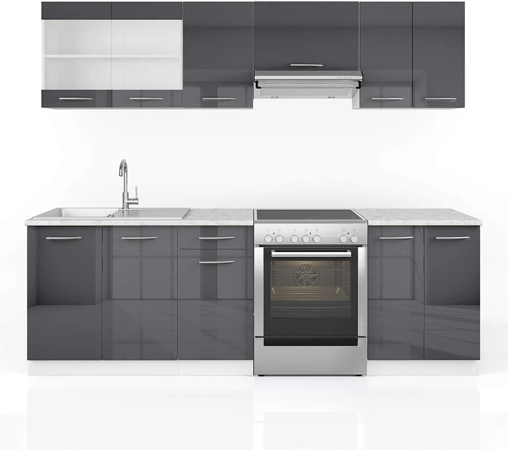 Mobile da cucina Raul, Antracite lucido/bianco, 240 cm, PL Marmo, combinabile in modo flessibile con elementi modulari