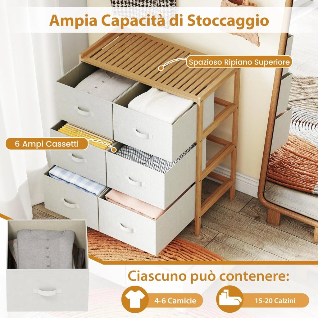 Cassettiera a 6 Cassetti in Bambù, Torre di Stoccaggio con Cassetti in Tessuto Pieghevoli e Ripiano Superiore, Organizzatore Verticale per Soggiorno Corridoio, 66x35x78,5 cm