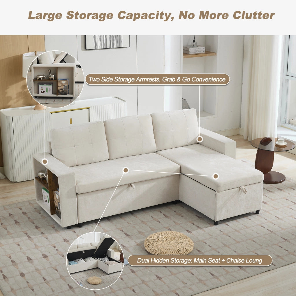 Divano ad angolo con contenitore e chaise longue reversibile in chenille beige per soggiorno 202 × 136 × 85 cm