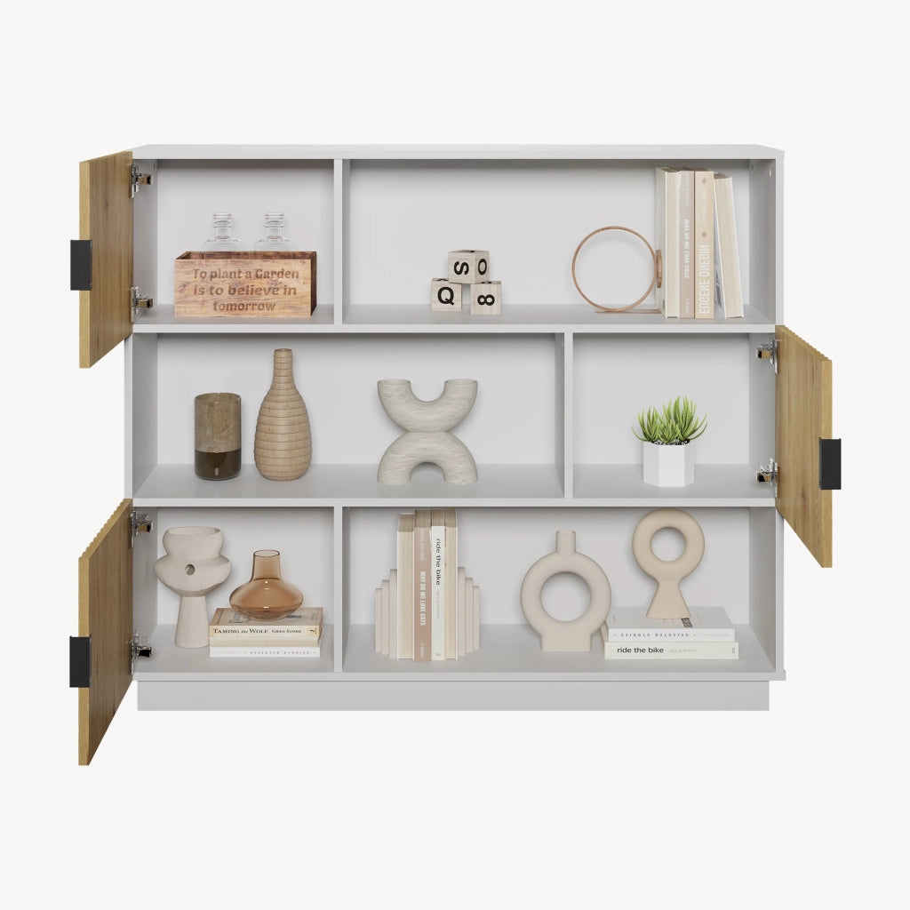 Libreria Bassa Verhundar Scaffale a 3 Livelli con Vani Aperti e Chiusi con Ante 102x120x30 cm Bianco / color Legno [en.casa]
