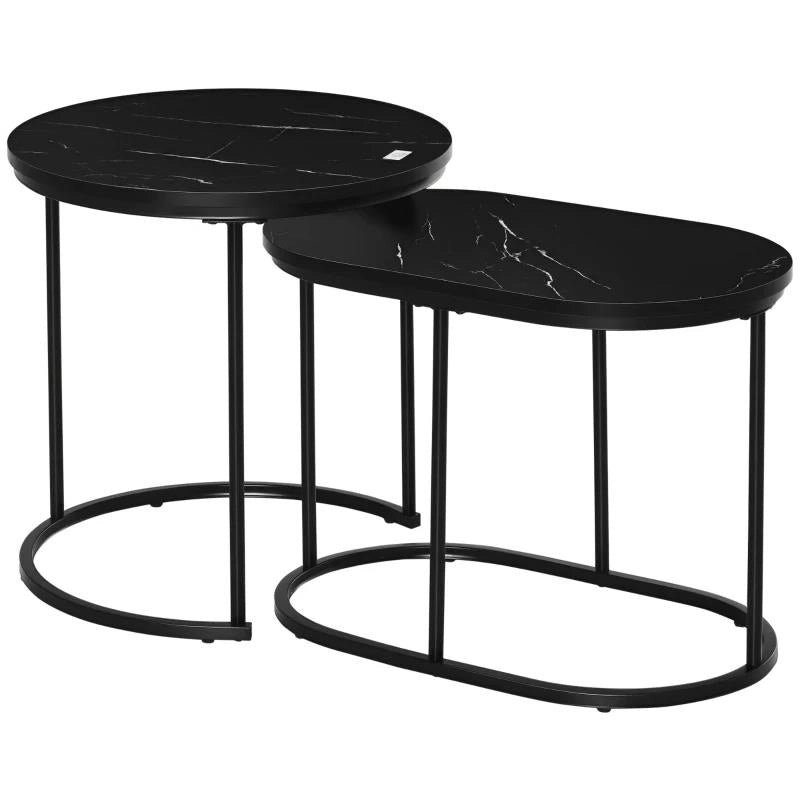 SET 2 TAVOLINI DA CAFFÈ CON PIANO EFFETTO MARMO, IN LEGNO E ACCIAIO, Ï50X50.5 CM E 60X36X43.5 CM, NERO