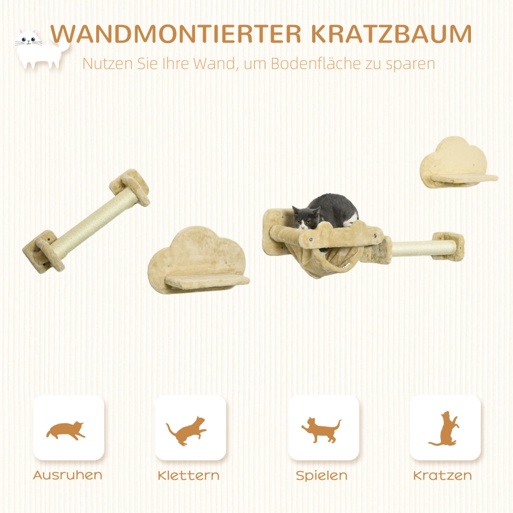 Tiragraffi per Gatti con 2 Alberi e 2 Piattaforme ¨C Zephmum ¨C 5 Pezzi in Tessuto Beige