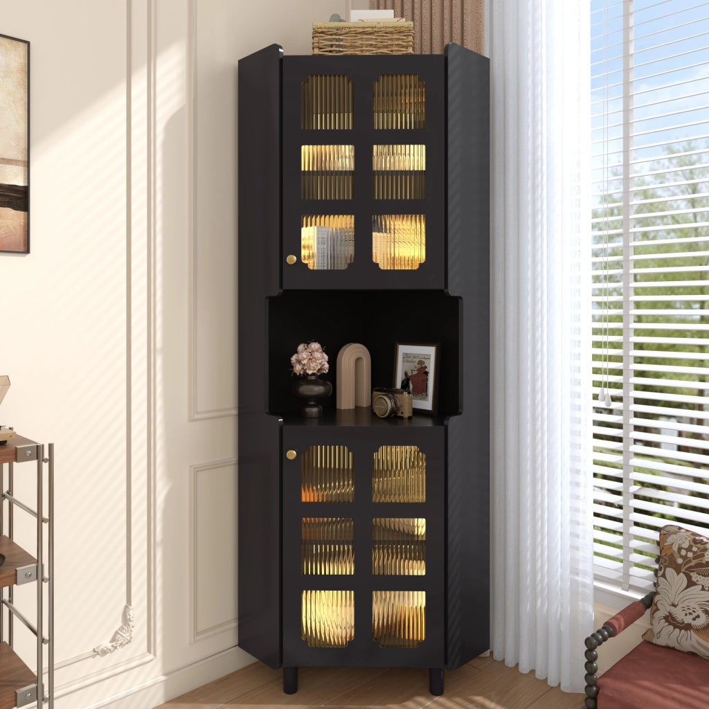 Armadietto angolare con LED e 2 ante in MDF laccato nero con ripiano aperto per soggiorno bagno e camera 63,5 × 157,5 cm