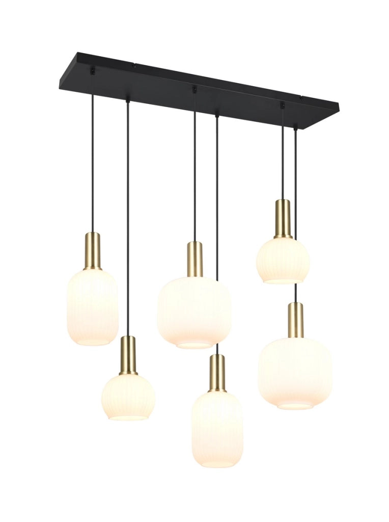 Sospensione Trio DIVA nera/ottone 6xE27 vetro bianco