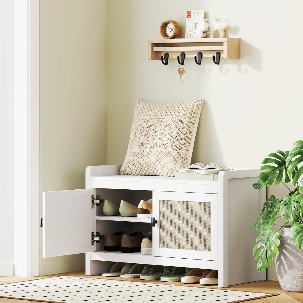 Scarpiera con Cassetti e Ripiano Estraibile in Rattan ¨C Zephmum ¨C Bianco e Beige 80x35x52 cm