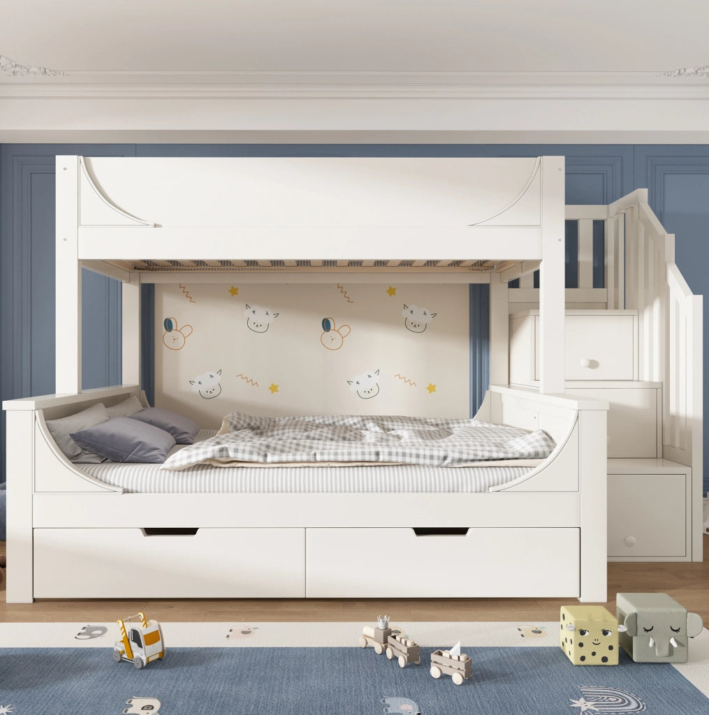 Letto a castello per bambini con scala-armadio e cassetti; 90/140x200 cm; bianco