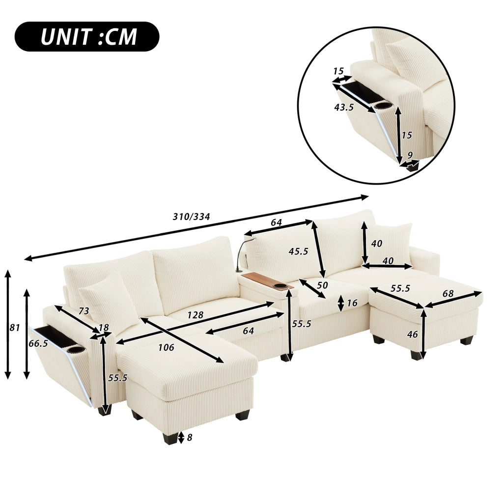 Divano angolare 4 posti con ricarica USB e Type-C; contenitore - in tessuto a coste beige