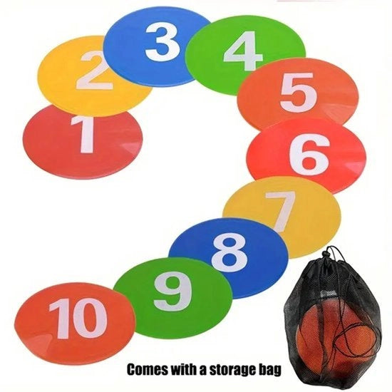 Set di antislip con coni numerati, coni piatti da 23 cm con tasca di stoccaggio - ideale per pallacanestro, calcio e allenamenti, confezione multicolore da 10 pezzi