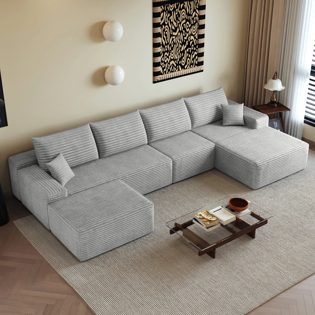 Divano in tessuto a coste grigio imbottito in schiuma ad alta elasticità 340 × 175 × 83 cm