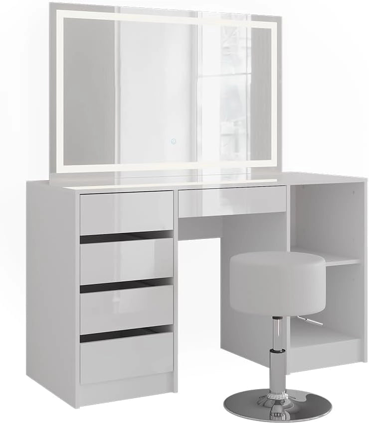 Tavolo da toeletta Sherry, Bianco/bianco lucido, 128.2 cm con specchio LED e sgabello, con piano d'appoggio laterale e sgabello regolabile in altezza