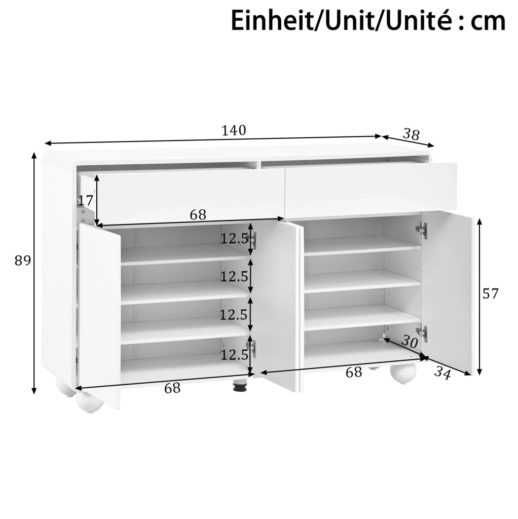 Sideboard 140x38x89 cm con 2 cassetti e 4 ante; MDF; bianco