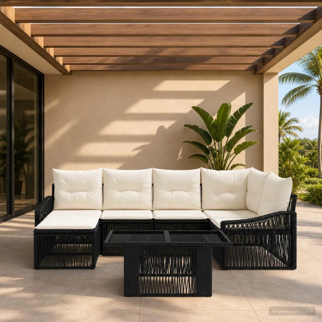 Set Divano da Giardino 7 pz Nero e Bianco Crema polyrattan 3437281