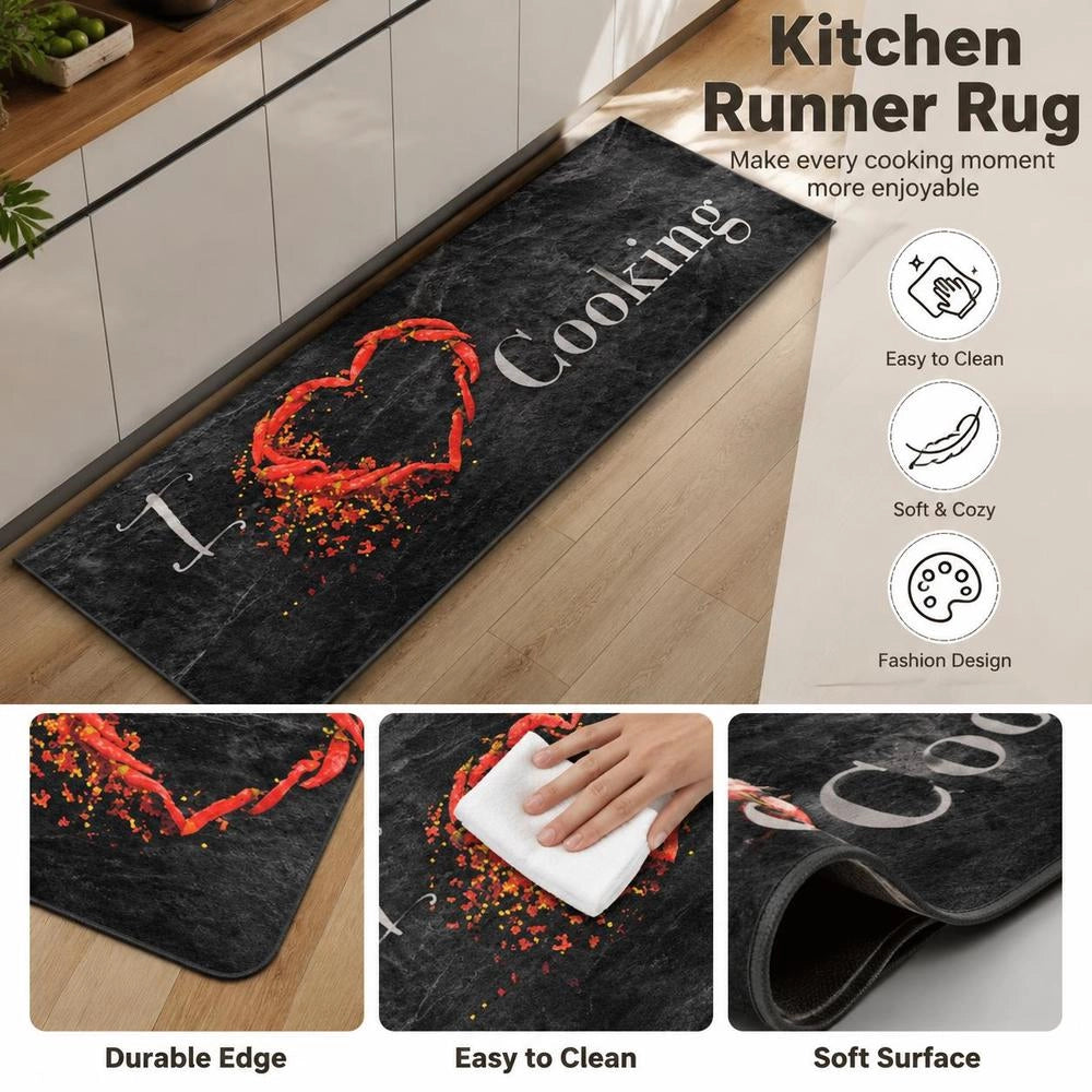 Washable Kitchen Rug, Cooking Design, Black, 60x180 Cm, Velvet