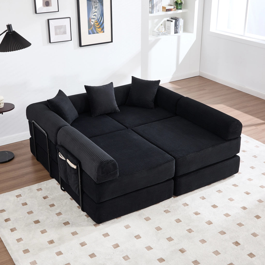 Divano modulare con tasca laterale e funzione letto in velluto a coste nero per soggiorno studio e camera ospiti