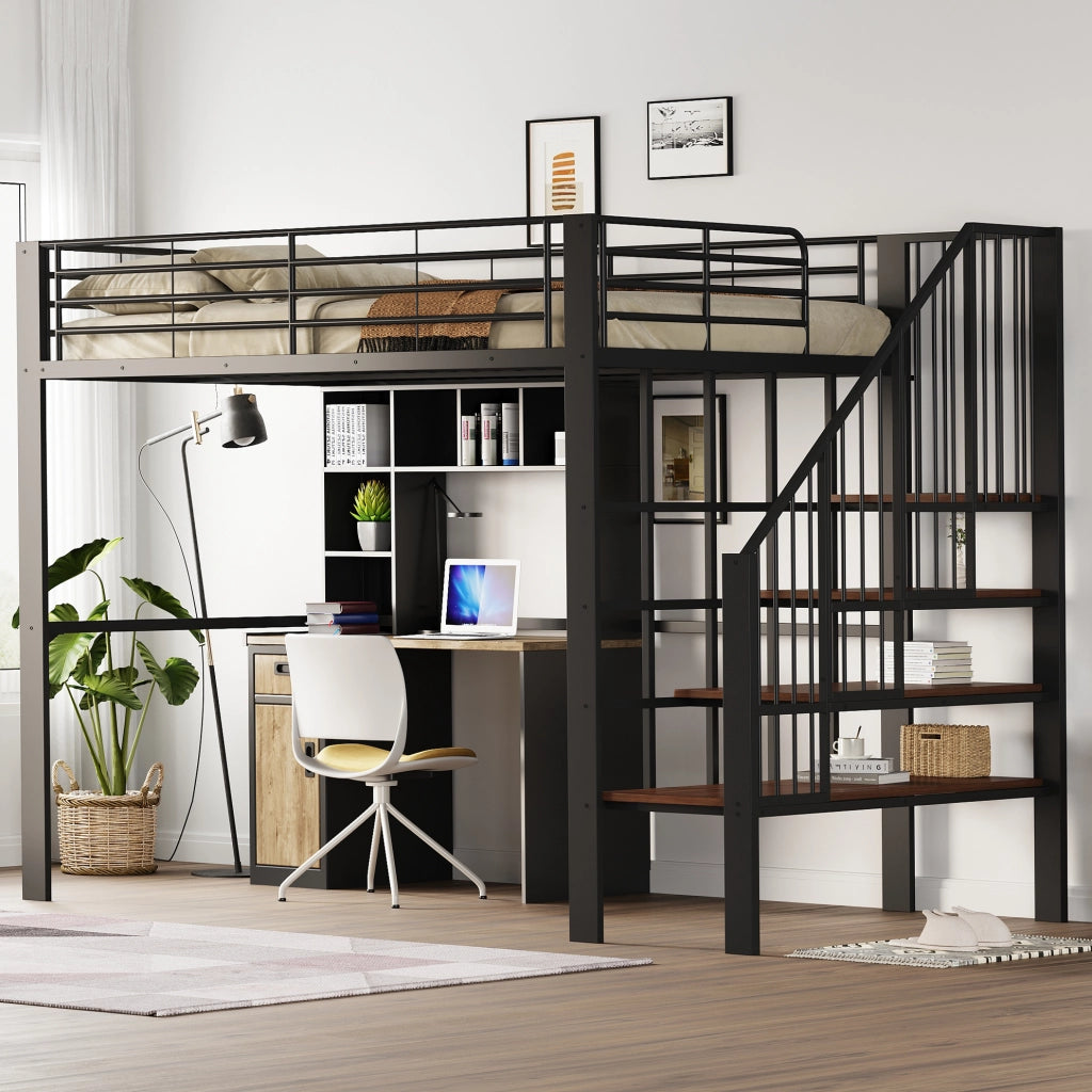 Letto a soppalco 140x200 cm in metallo e legno con scala integrata; nero