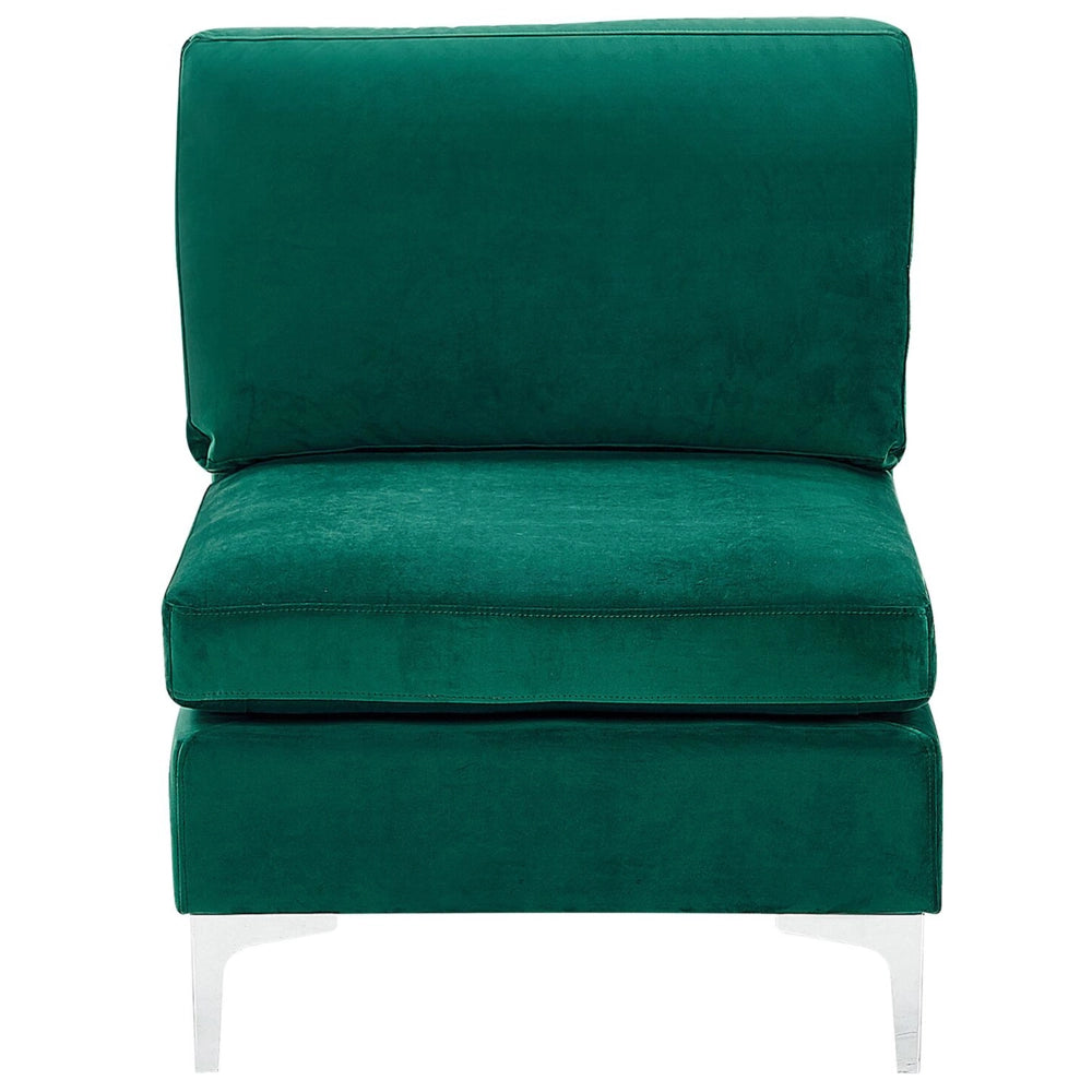 Divano angolare modulare versione destra in velluto verde a 4 posti con gambe in metallo argento stile glamour