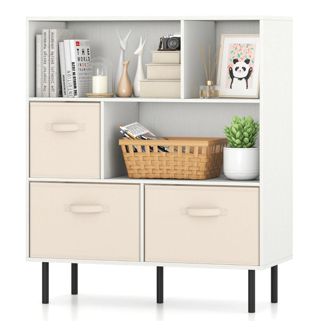 Libreria organizzatore autoportante gambe metallo soggiorno-Armadietto contenitore 6 cubi scaffale 3 livelli 3 cassetti tessuto Bianco