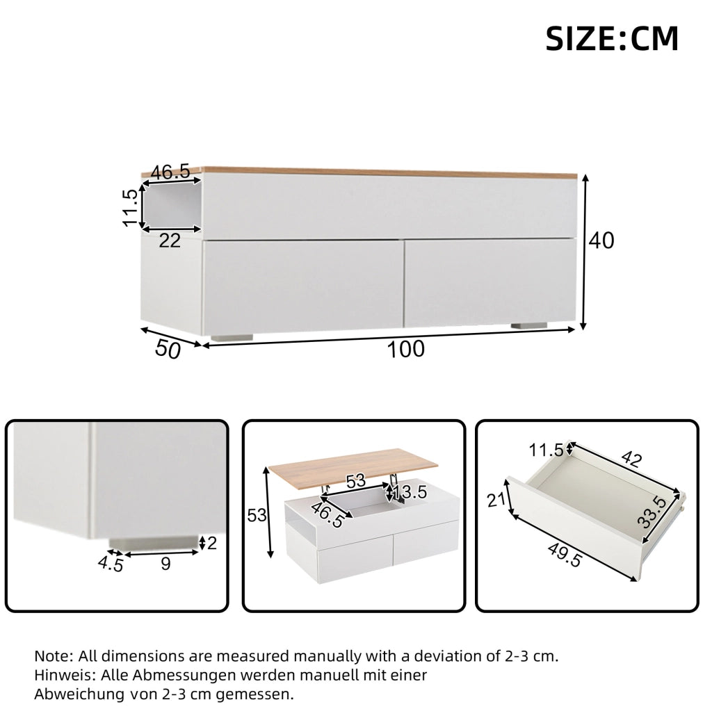 Tavolino da caffè elevabile 100x50 cm con 2 cassetti