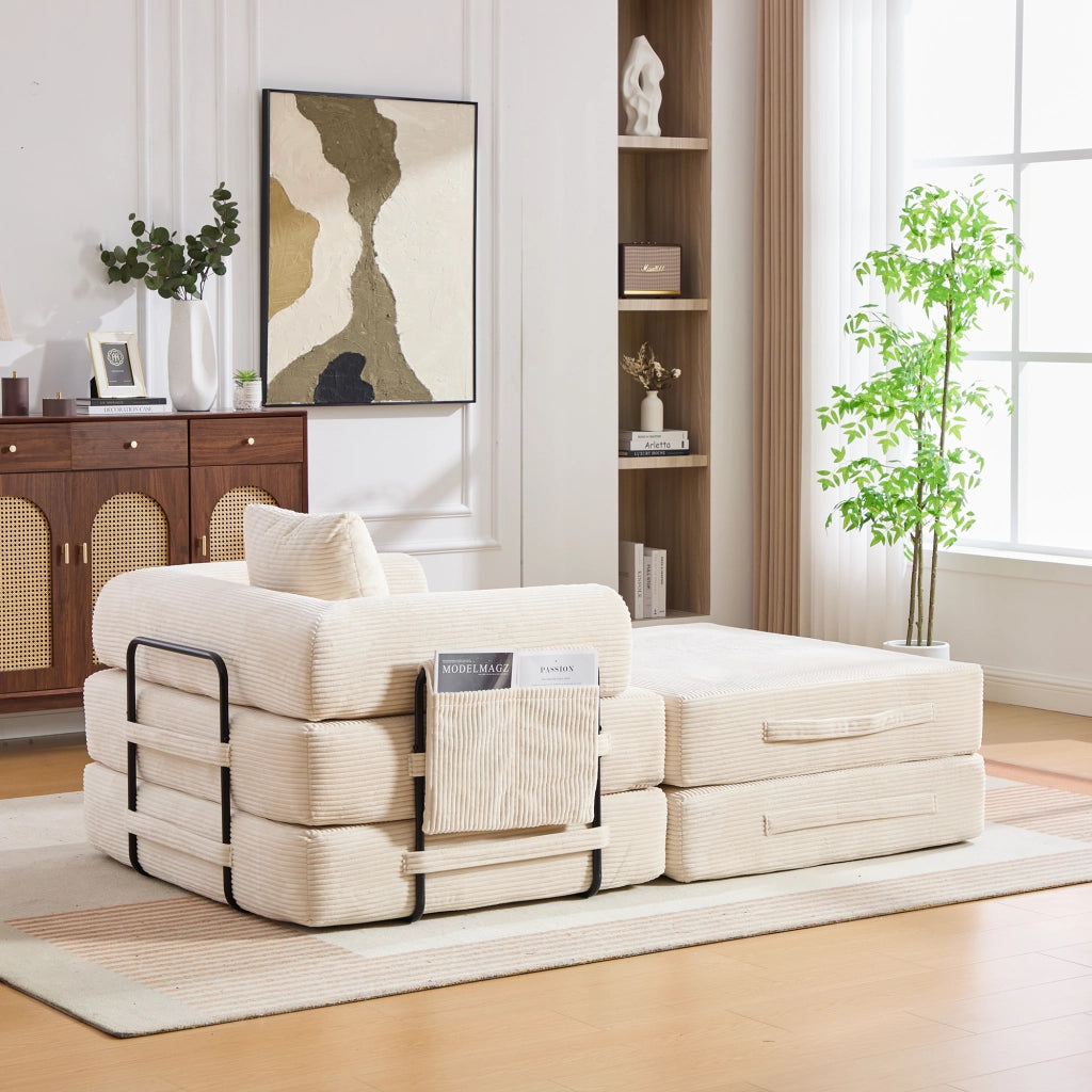 DIVANO modulare in corduroy 112x190x67 cm beige con pouf
