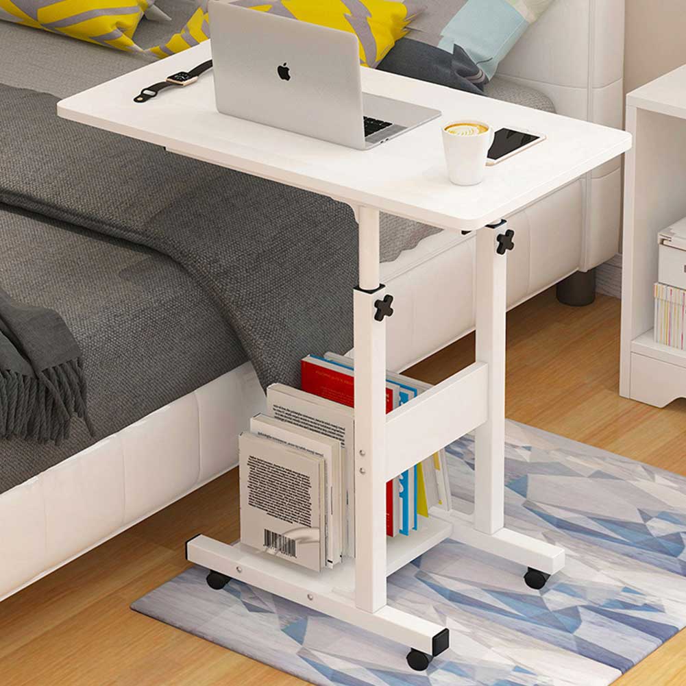 Tavolino Porta PC Computer da Letto Divano Regolabile con Ruote Bianco