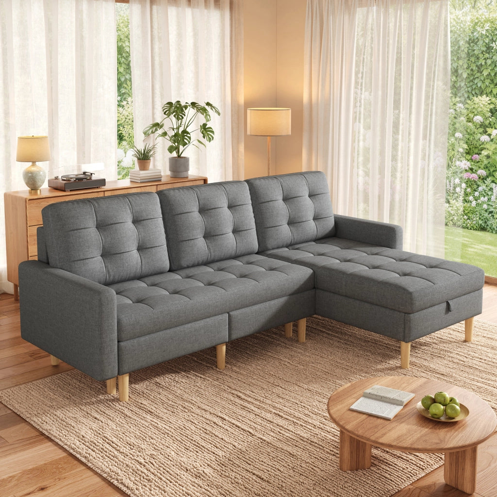 Divano angolare reversibile con chaise longue e doppio vano contenitore in tessuto grigio 212 × 130 × 86 cm