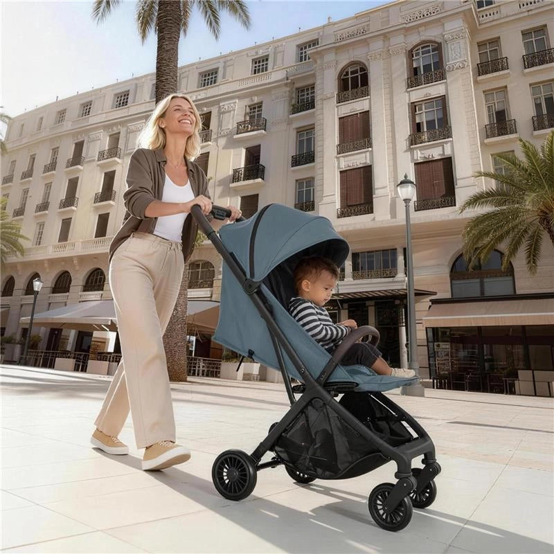 PASSEGGINO PER BAMBINI CON TETTUCCIO REGOLABILE E SACCA PORTAOGGETTI, 87X50X103 CM, BLU E NERO