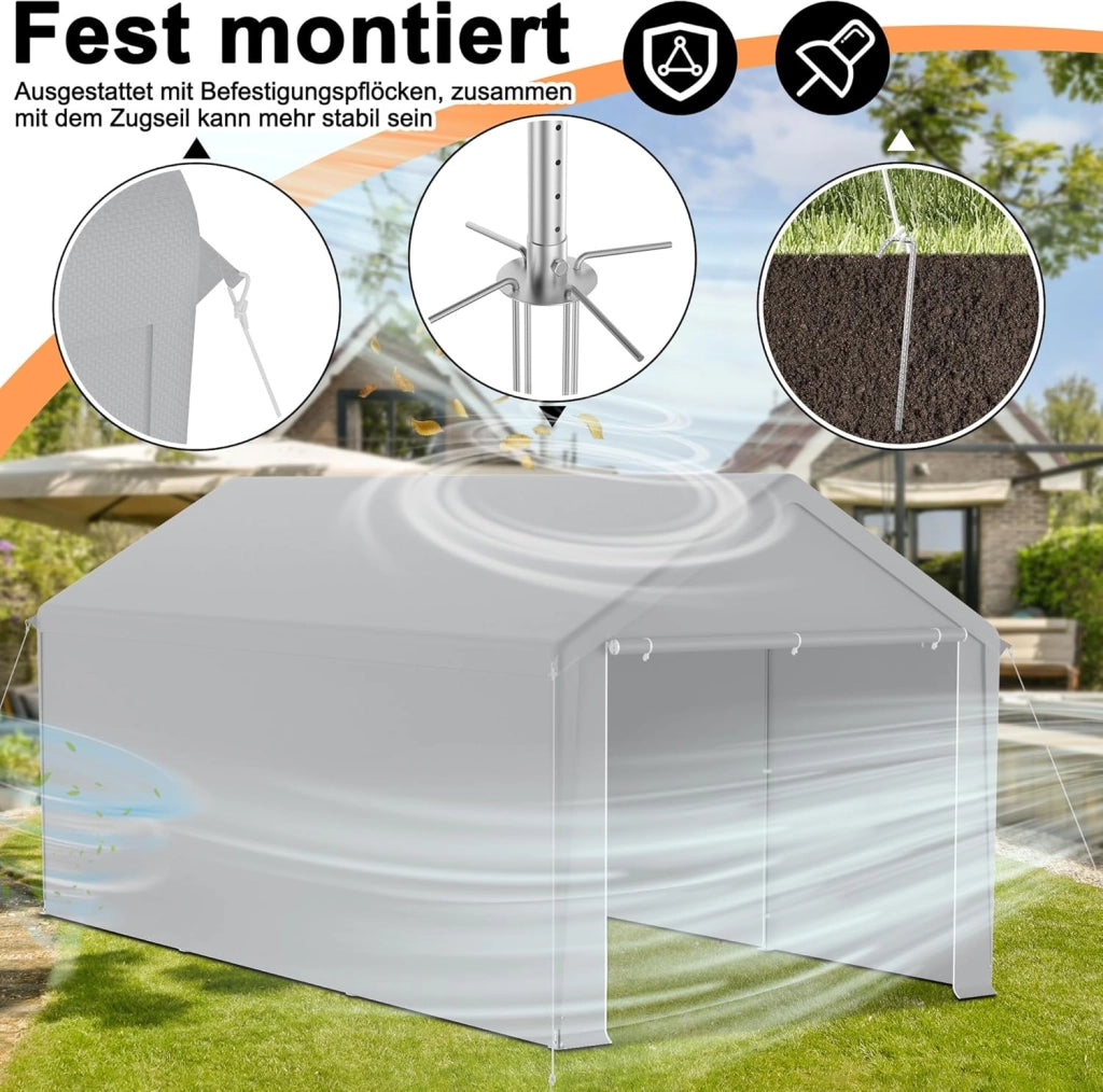 Carport, tenda da campeggio, 3 x 6 m, grande tenda da garage con pareti laterali rimovibili, resistente all'inverno, per auto, SUV, camion, grigio