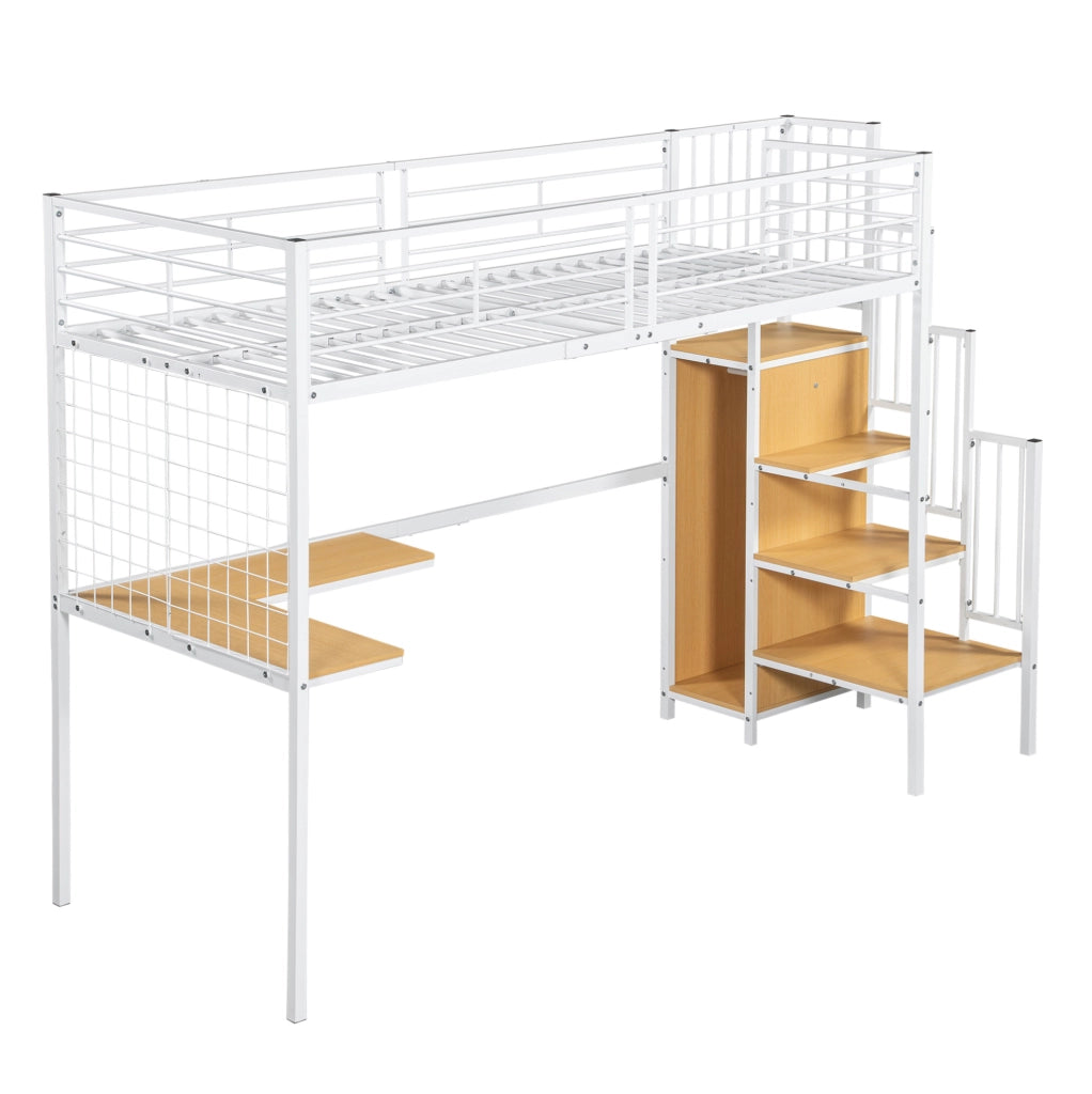 Letto a soppalco in metallo 90x200 cm con scrivania e armadio; bianco naturale
