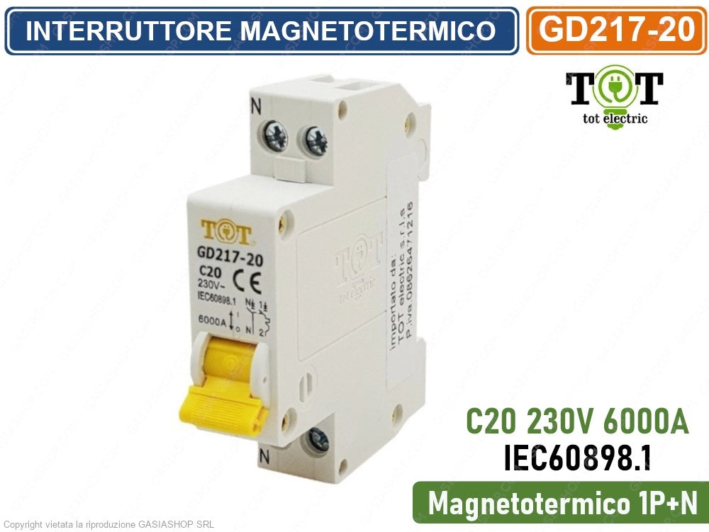 INTERRUTTORE MEGNETOTERMICO PER BARRA DIN 1 MODULO 1P+N 230V CURVA C 6KA 20A