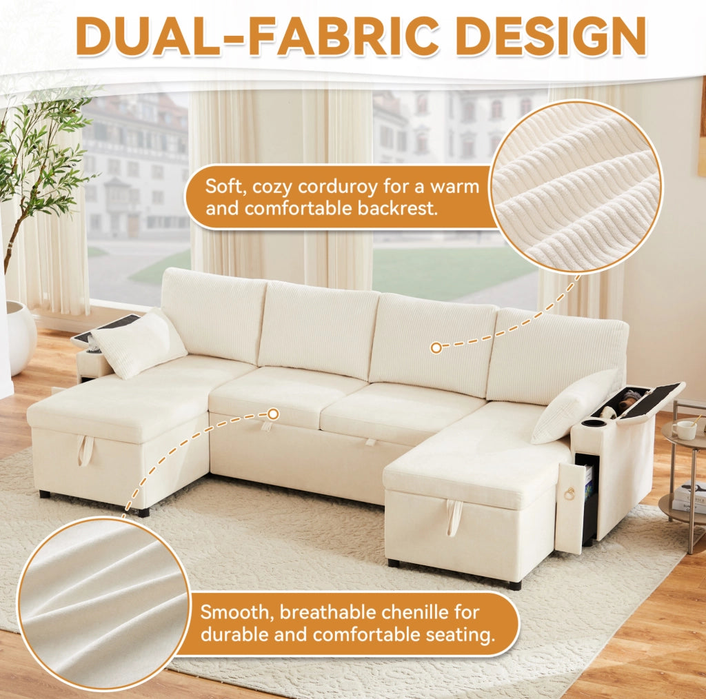 Divano letto modulare a U 4 posti con contenitore beige