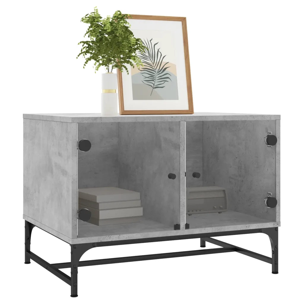 Tavolino salotto | Tavolino da caff¨¨ | Tavolino da Soggiorno con Ante in Vetro Grigio Cemento 68,5x50x50 cm