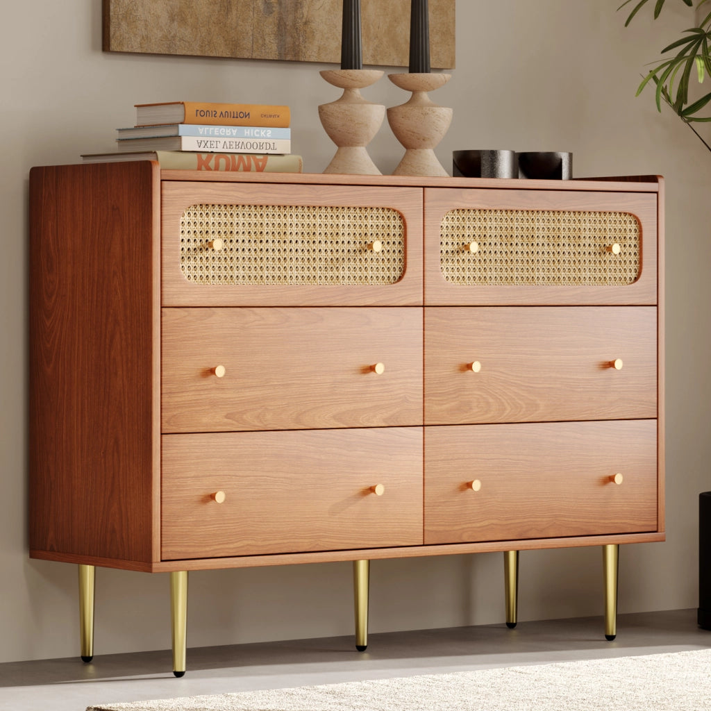 Cassettiera con 6 Cassetti e 2 Frontali in Rattan; Angoli Arrotondati; Stile Vintage; in Legno e Metallo; 120×40×90 cm; Noce