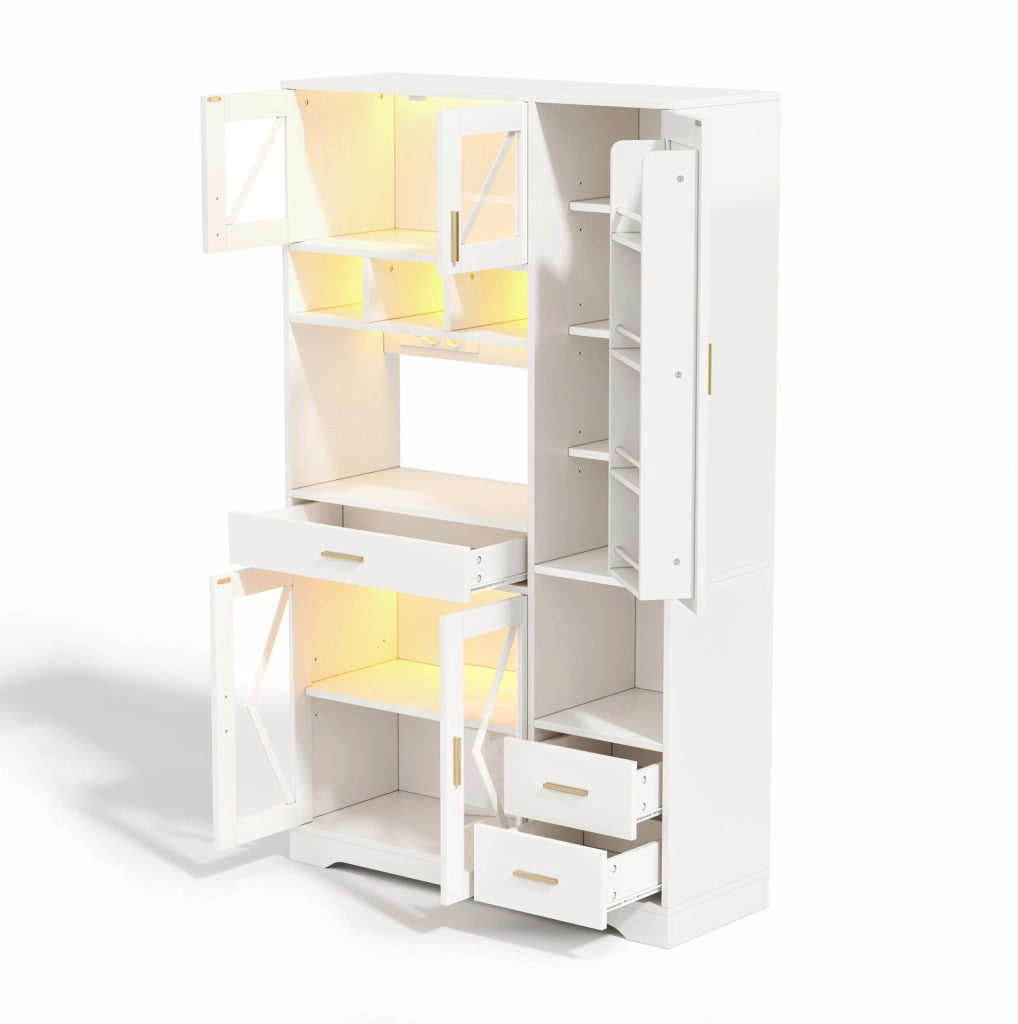 Mobile buffet ULEVR 105x40x185 cm con LED multicolore via app, prese e USB, vetrina in MDF bianco