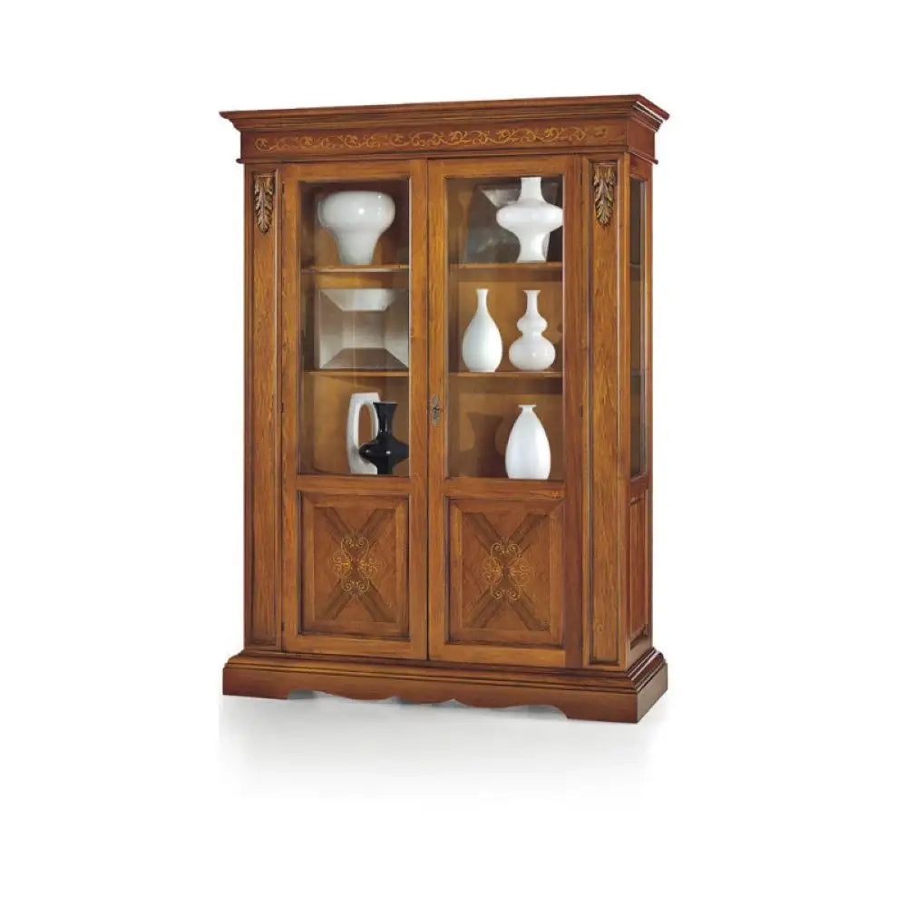 Vetrina 2 ante 4 ripiani arte povera in legno massello e mdf con rifinitura noce Bassano intarsiato 155x48x210 H