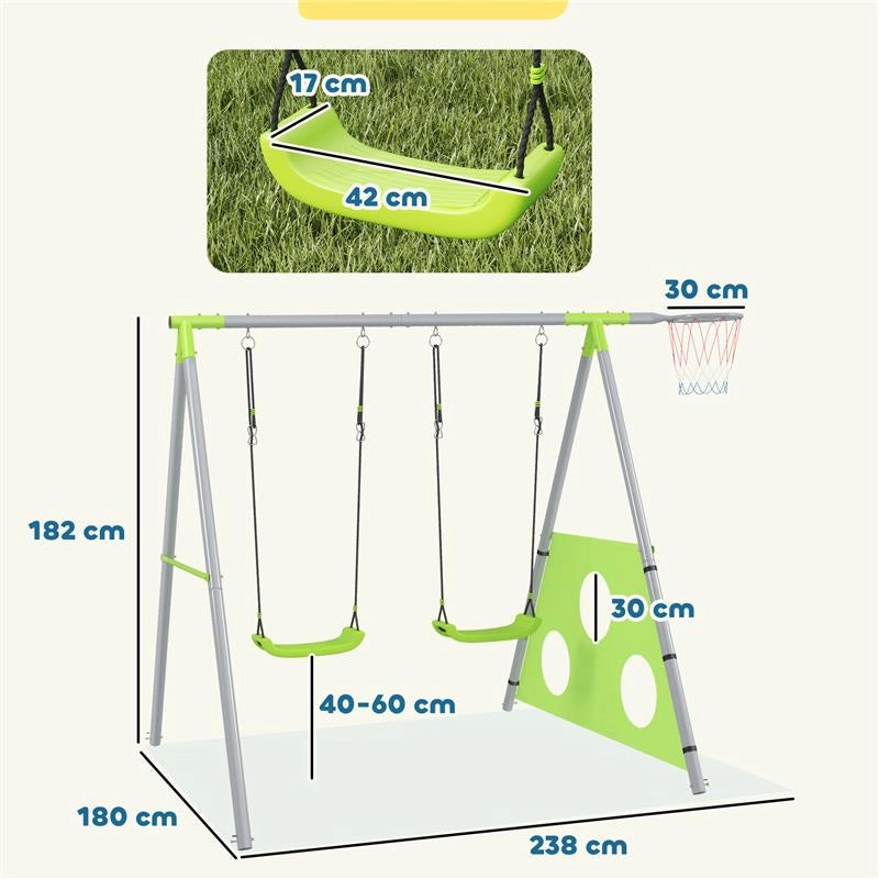 GIOCO PER BAMBINI 3 IN 1 CON ALTALENA DA GIARDINO CANESTRO E PORTA DA CALCIO 238X180X182 CM VERDE E GRIGIO