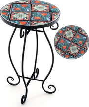 Tavolino per Esterno ed Interno, Tavolino Rotondo con Piano in Piastrelle di Ceramica e Attraenti Motivi, Tavolino Porta Piant per Cortile, Giardino e Salotto