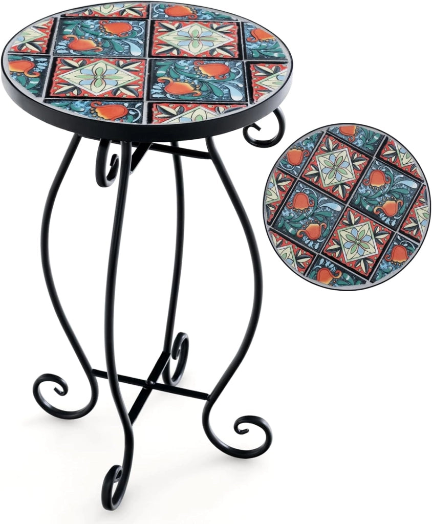 Tavolino per Esterno ed Interno, Tavolino Rotondo con Piano in Piastrelle di Ceramica e Attraenti Motivi, Tavolino Porta Piant per Cortile, Giardino e Salotto