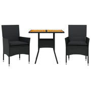 Set Pranzo da Giardino 3 pz | Set Salotto da Giardino con Cuscini Nero Polyrattan Acacia