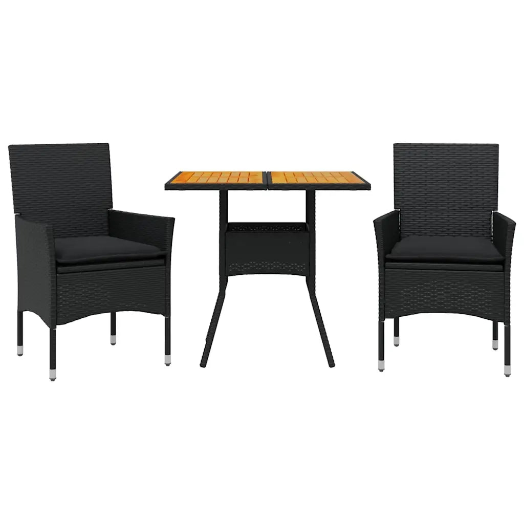 Set Pranzo da Giardino 3 pz | Set Salotto da Giardino con Cuscini Nero Polyrattan Acacia