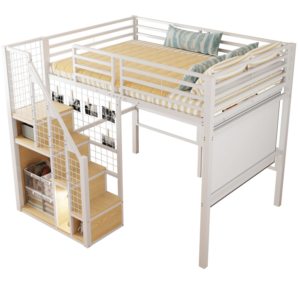 LETTO A CASTELLO 140x200 in metallo bianco con scala e ripiani