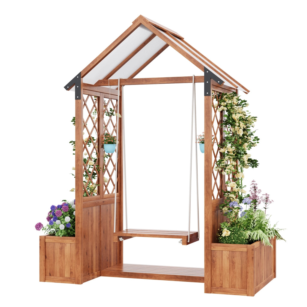 Fioriera con Grigliato e Altalena da Giardino con Tetto Parasole; in Legno Massello; Marrone; 163 × 142 × 70 cm