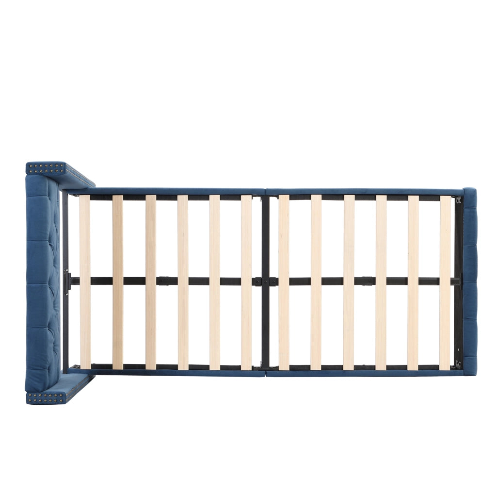 Letto imbottito 90x200 cm con testiera e rete; bottoni e borchie; velluto blu (Senza materasso)