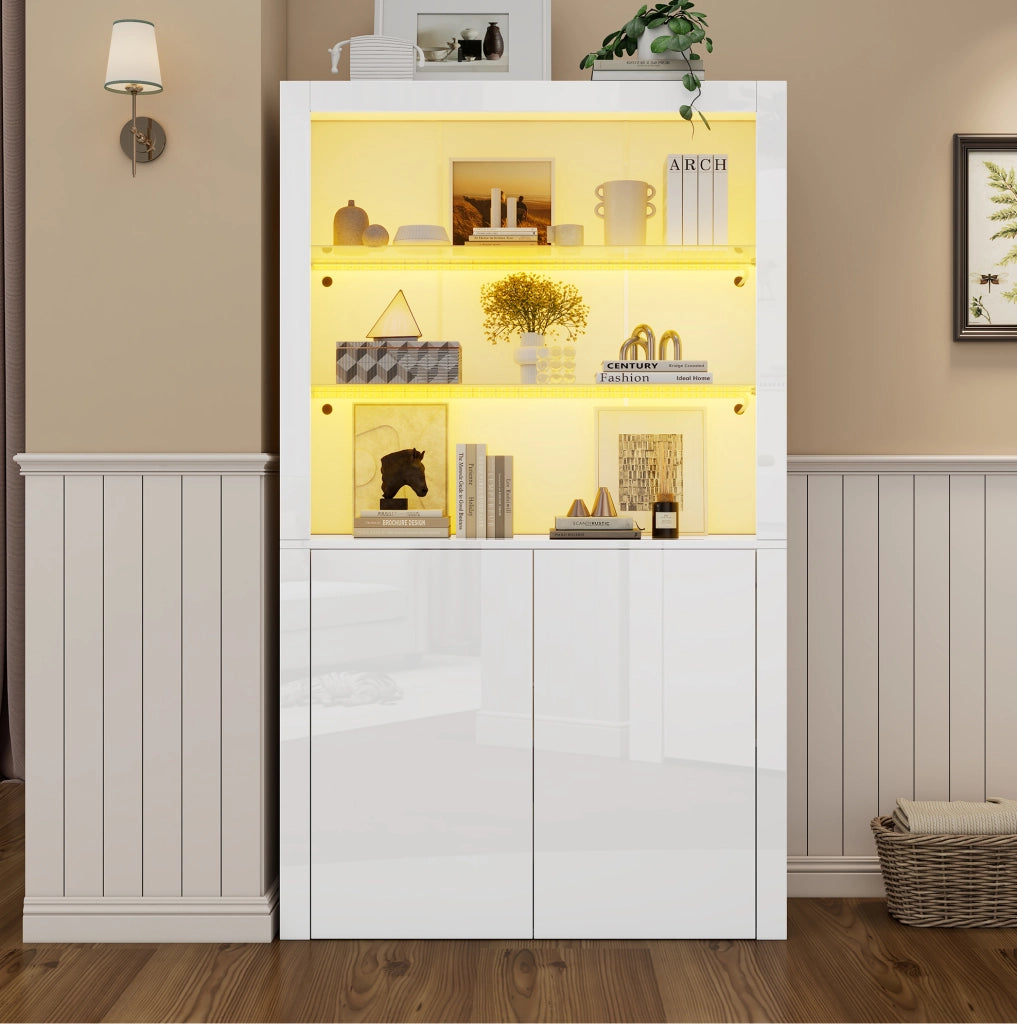 Vetrina moderna 100 x 35 x 170 cm bianca lucida in MDF con LED e vetro temperato