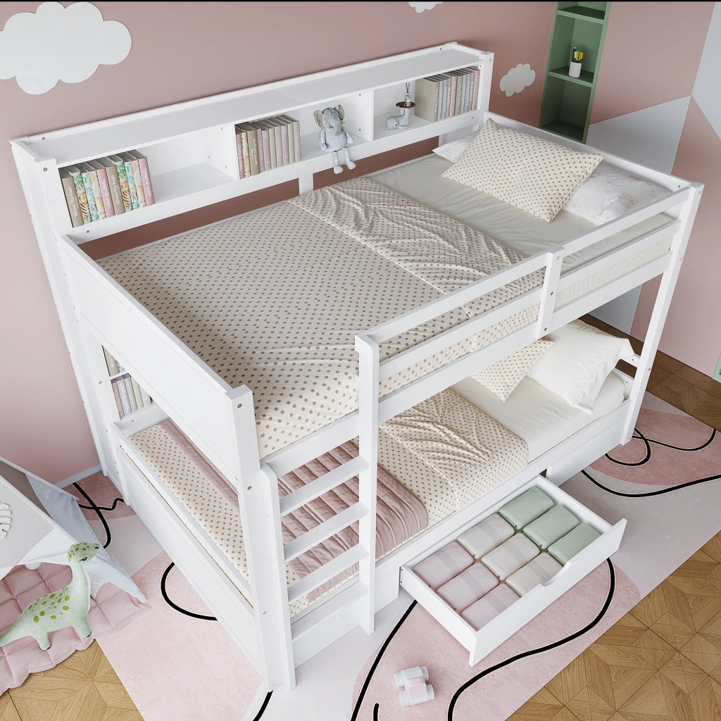 OKWISH Letto a Castello 90×200 cm e 90×200 cm, Letto 2 Posti con Cassetto, Vani Portaoggetti e Sponde, senza Materasso, Bianco