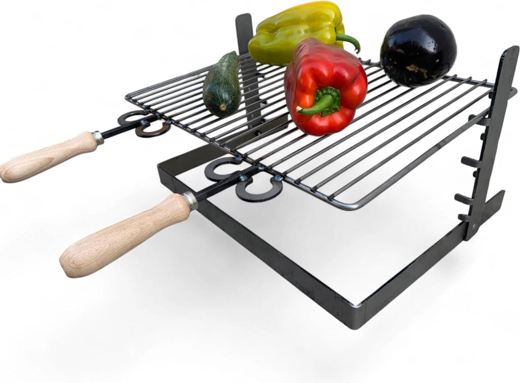 Griglia in ferro regolabile su più altezze, bistecchiera con manici in legno, per barbecue e camino per carne pesce verdure 50x36cm