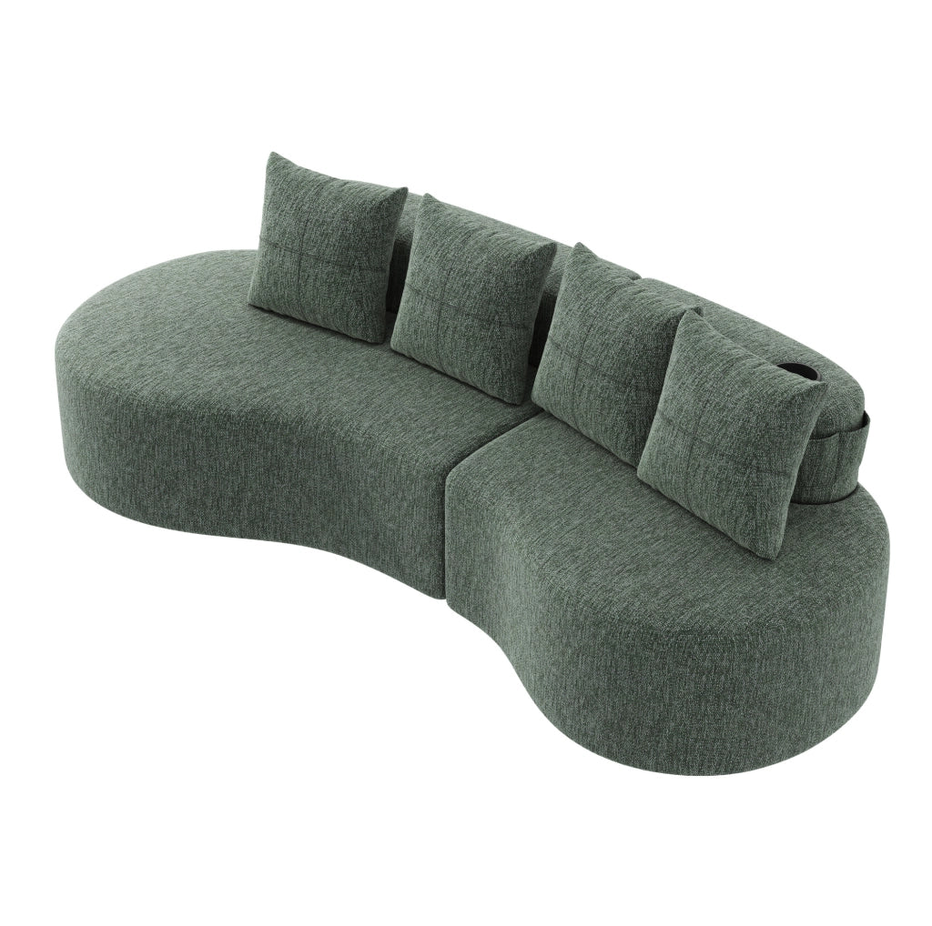 Divano ULEVR 240x109x60 cm in lino verde con 4 cuscini, portabicchieri e tasche laterali